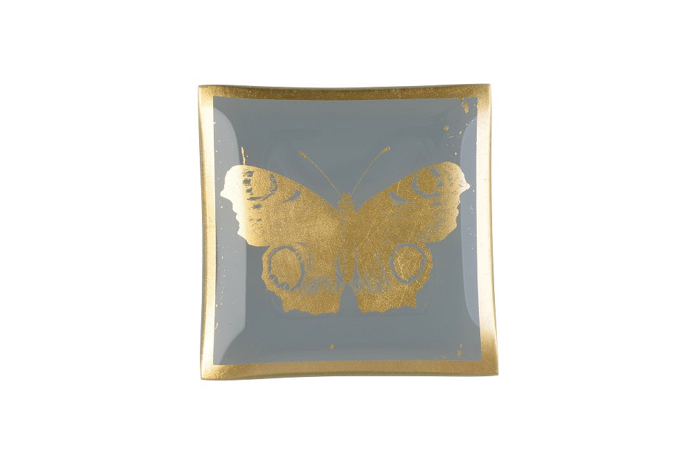 Glasteller Goldrand Schmetterling grau10x10cm