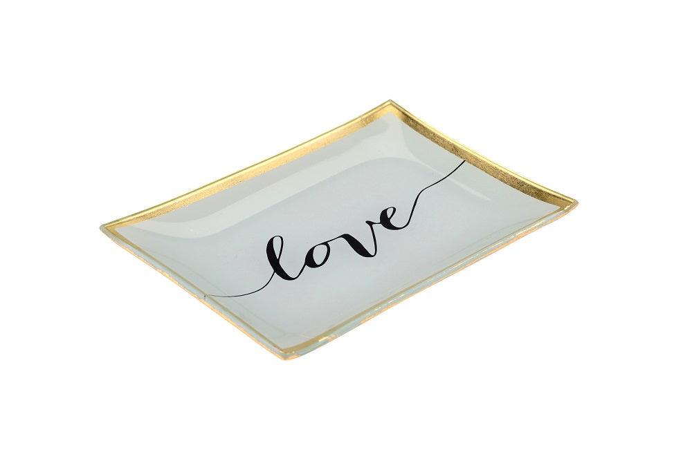 Glasteller Goldrand Schriftzug Love weiß 14x10cm