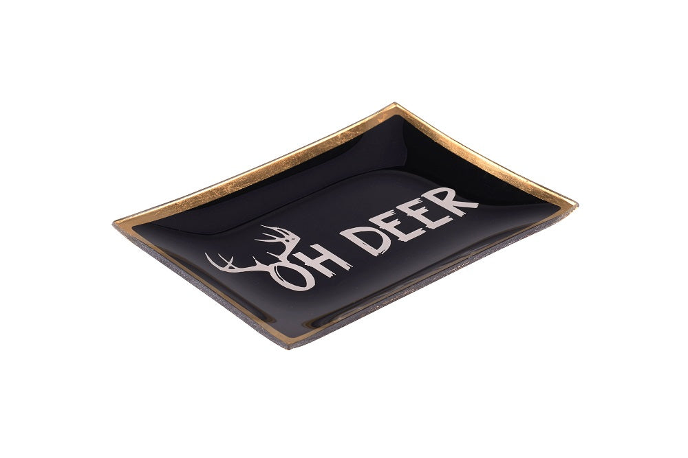Glasteller Goldrand Schriftzug Oh Deer Geweih14x10cm