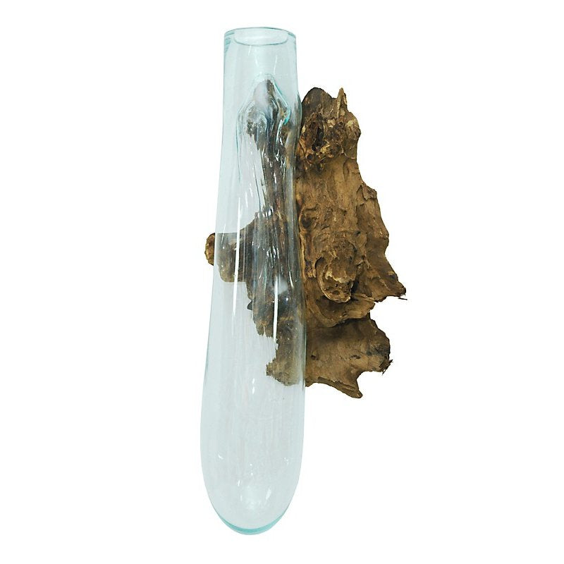 Wandscmuck Vase Glas Teak-Holz-Wurzel handgefertigt 65 cm Unikat